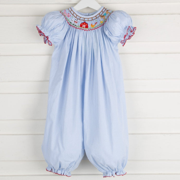 Smocked Farm Long Bubble Light Blue Gingham 