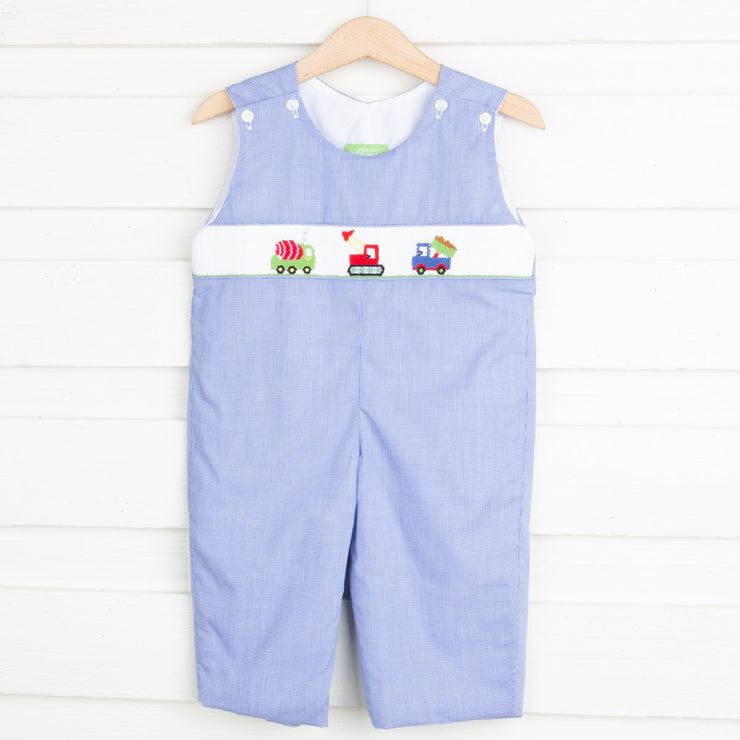 Construction Truck Smocked Longall Royal Gingham