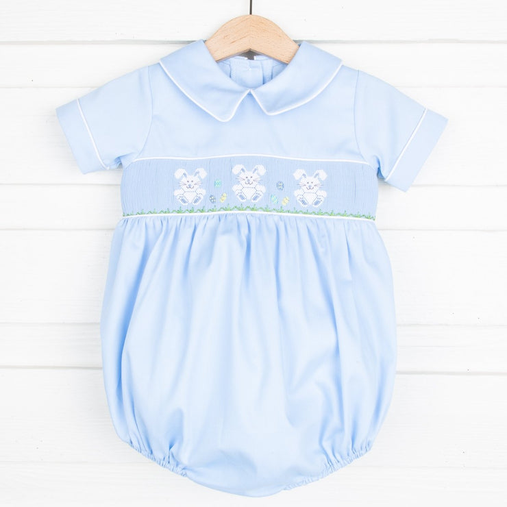 Bunny and Eggs Smocked Boy Bubble Light Blue 