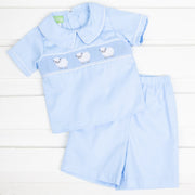 Lamb Smocked Boy Short Set Light Blue Pique 