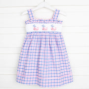 Whale Smocked Bow Back Dress Pink and Blue Plaid Seersucker