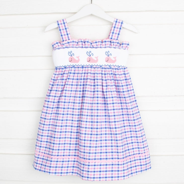 Whale Smocked Bow Back Dress Pink and Blue Plaid Seersucker