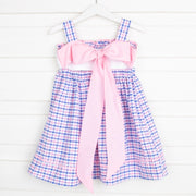 Whale Smocked Bow Back Dress Pink and Blue Plaid Seersucker