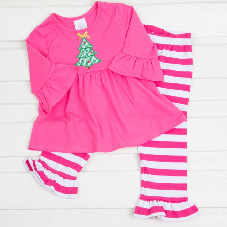 Applique Christmas Tree Legging Set Hot Pink Stripe