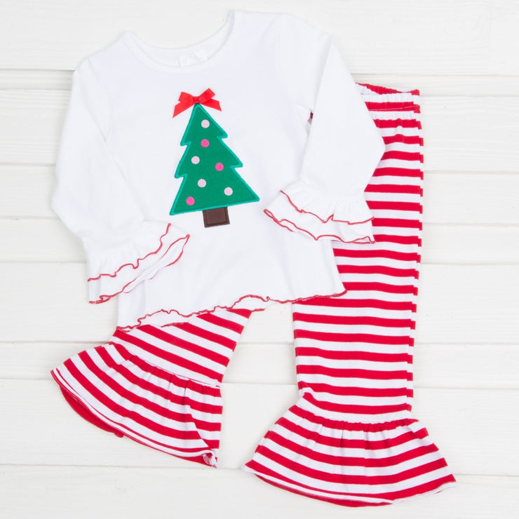 Applique Christmas Tree Pant Set White Knit