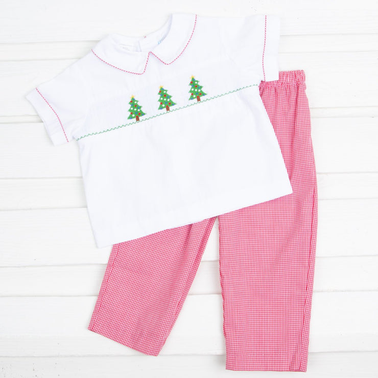 Christmas Tree Smocked Collared Pant Set White and Red Gingham