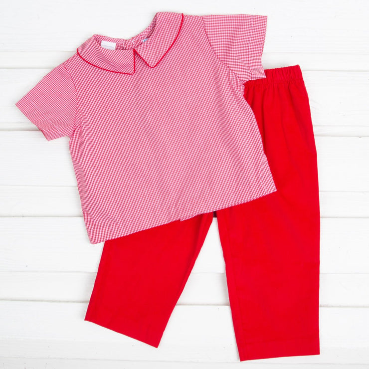 Collared Pant Set Red Gingham and Corduroy