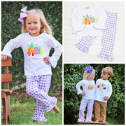 Gobble Applique Milly Legging Set White and Purple Gingham Knit