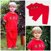 Red Collared Boys Smocked Christmas Tree Pant Set