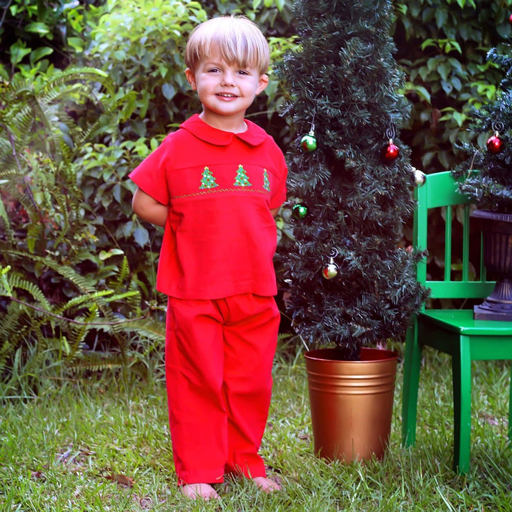 Red Collared Boys Smocked Christmas Tree Pant Set