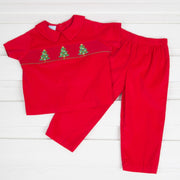Red Collared Boys Smocked Christmas Tree Pant Set