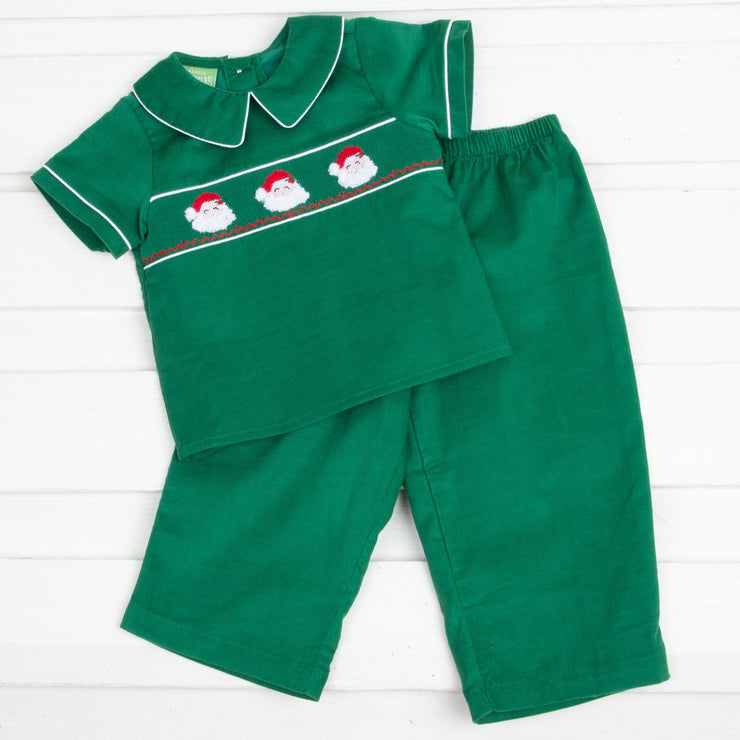 Santa Face Smocked Green Pant Set