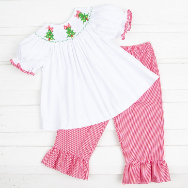 Smocked Christmas Tree Pant Set White and Red Gingham