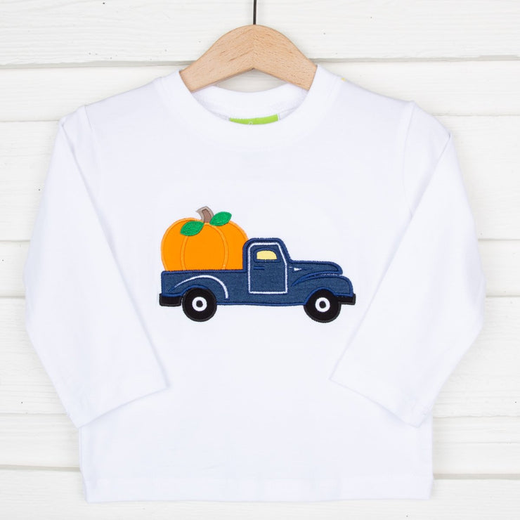 Pumpkin Truck Applique Long Sleeve Shirt White