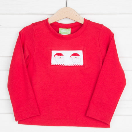 Santa Face Smocked Long Sleeve Knit Shirt Red