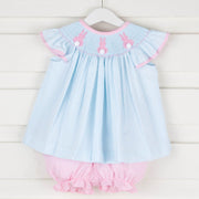 Girls Smocked Bunny Short Set Turquoise Stripe Seersucker