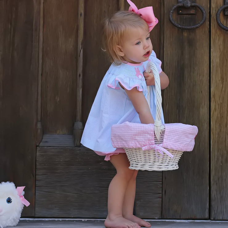 Girls Smocked Bunny Short Set Turquoise Stripe Seersucker