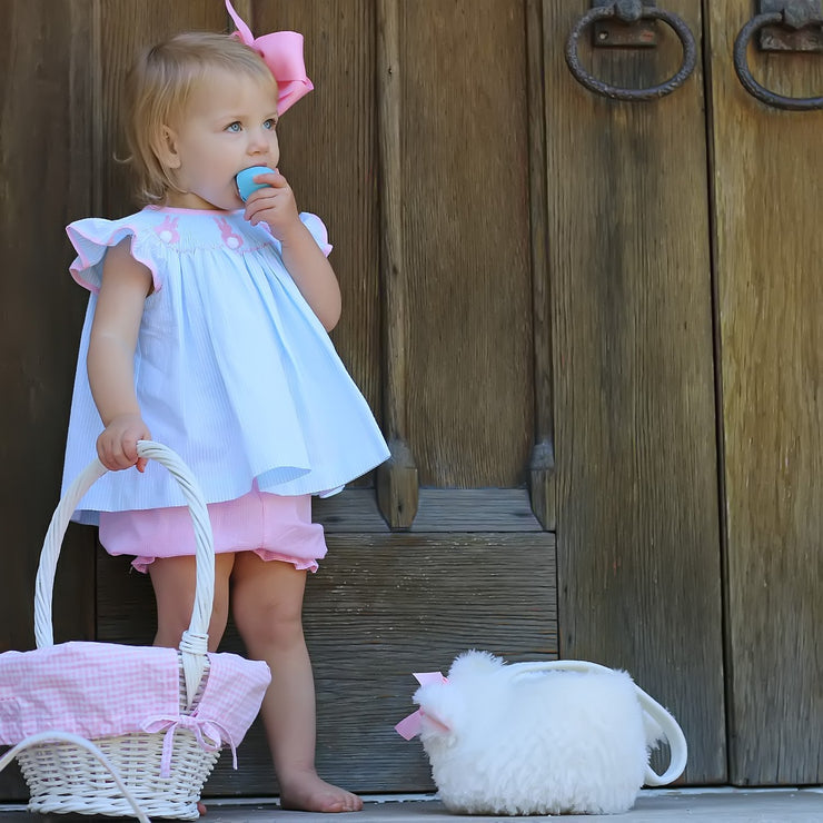 Girls Smocked Bunny Short Set Turquoise Stripe Seersucker