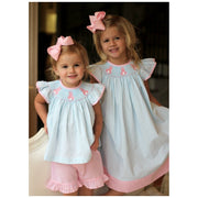 Girls Smocked Bunny Short Set Turquoise Stripe Seersucker