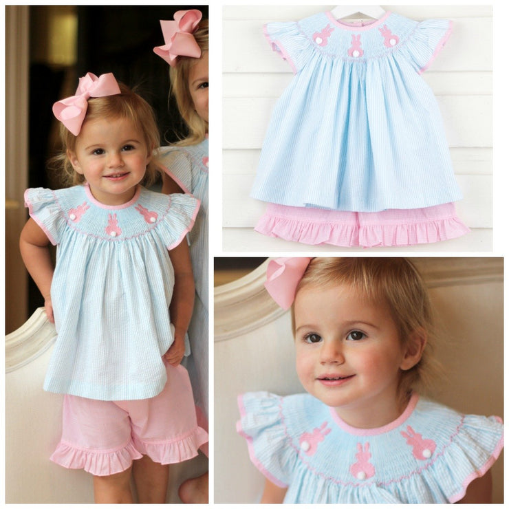 Girls Smocked Bunny Short Set Turquoise Stripe Seersucker