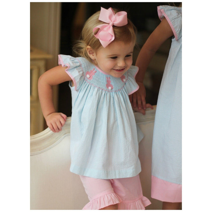 Girls Smocked Bunny Short Set Turquoise Stripe Seersucker