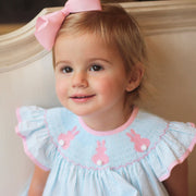 Girls Smocked Bunny Short Set Turquoise Stripe Seersucker