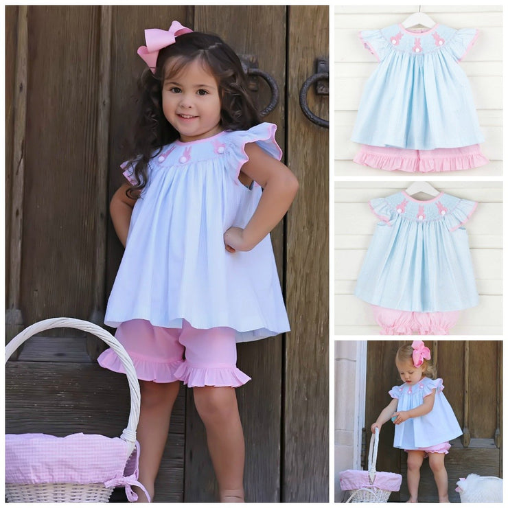 Girls Smocked Bunny Short Set Turquoise Stripe Seersucker