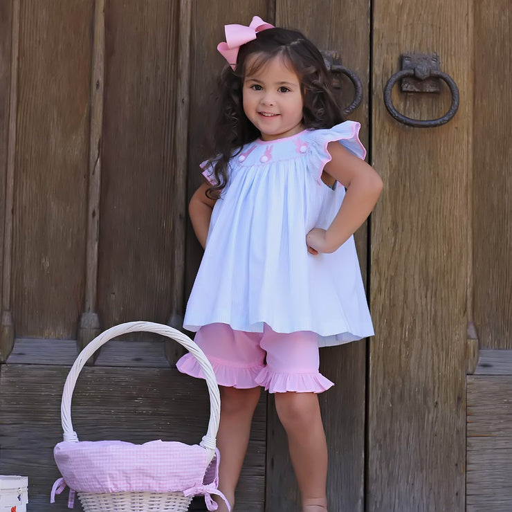 Girls Smocked Bunny Short Set Turquoise Stripe Seersucker