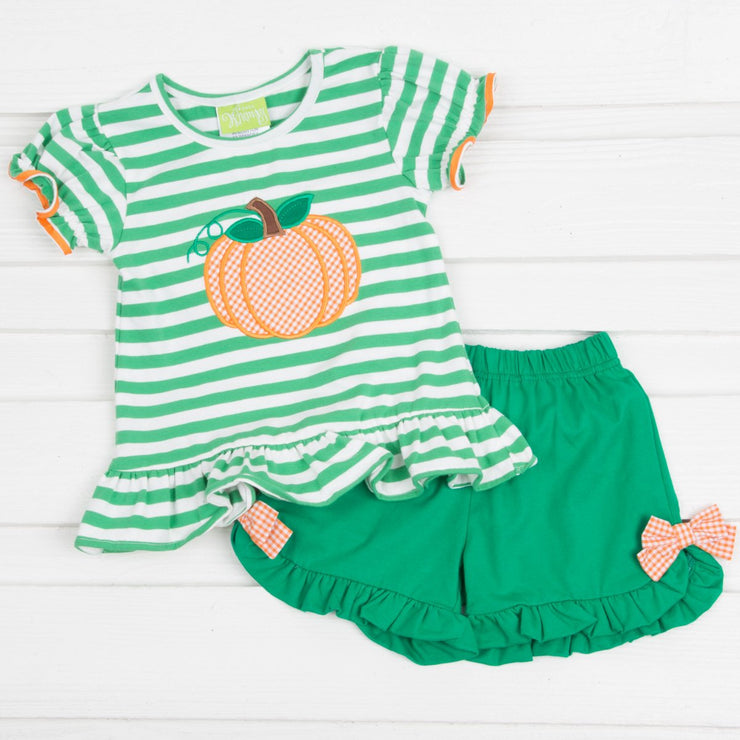 Pumpkin Applique Ruffle Short Set Green Knit Stripe