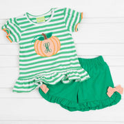Pumpkin Applique Ruffle Short Set Green Knit Stripe 