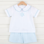 Striped Turquoise Collared Short Set Seersucker
