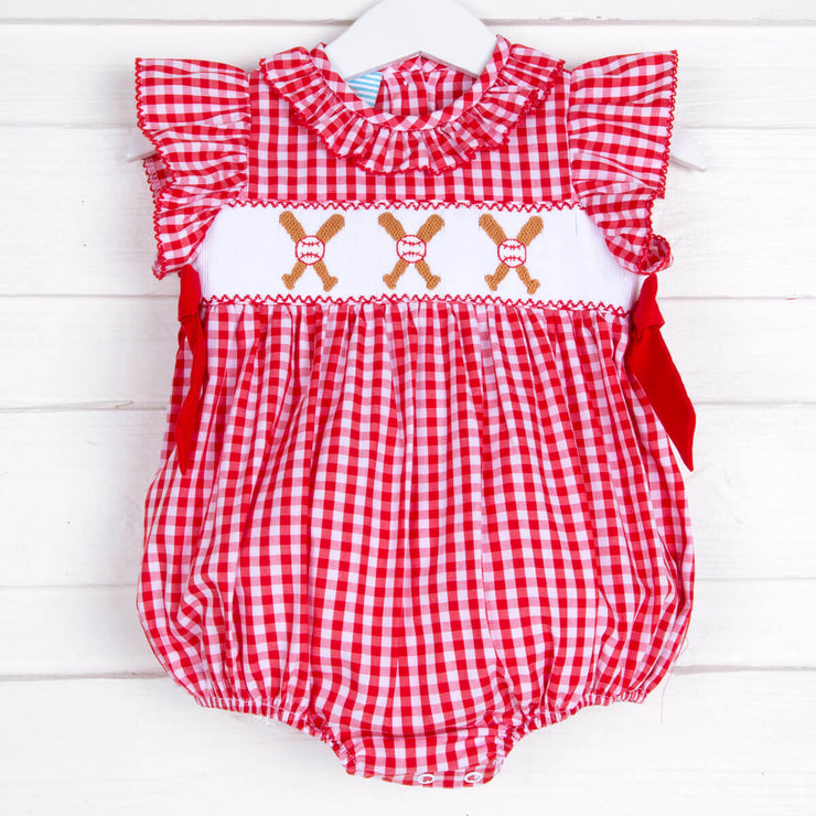 Baseball Smocked Beverly Bubble Red Check