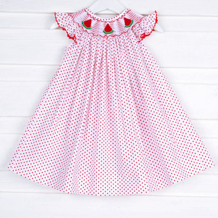Red Watermelon Smocked Dotted Dress