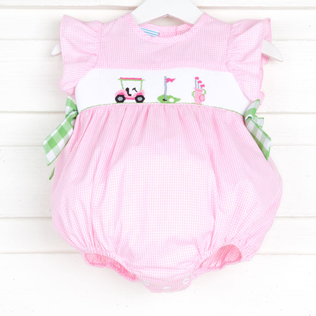 Golf Day Smocked Ruffle Collared Bubble Pink Gingham