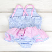 Blue Gingham Sailboat Smocked One Piece Swimsuit
