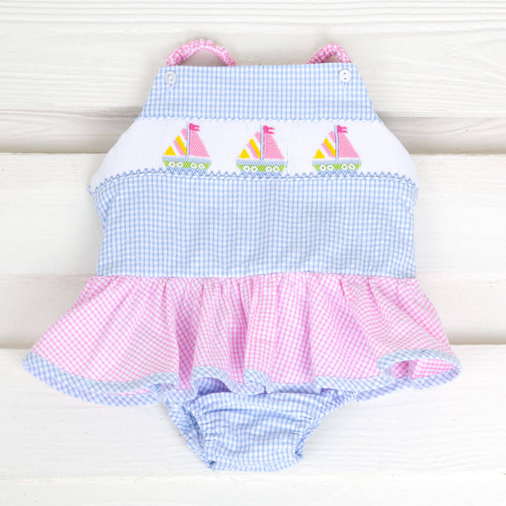 Blue Gingham Sailboat Smocked One Piece Swimsuit
