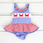 Royal Blue Gingham Crab Smocked One Piece Swimsuit