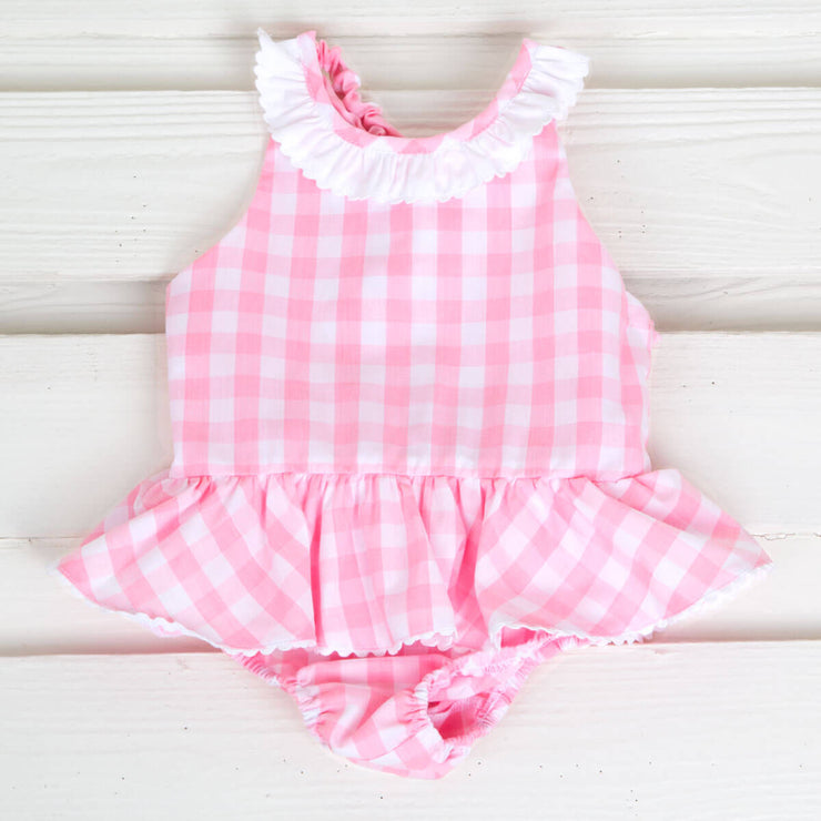Pink Check One Piece Ruffle Swimsuit