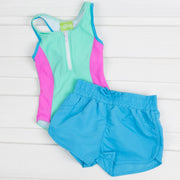 One Piece Racerback Swimsuit with Shorts Mint and Blue