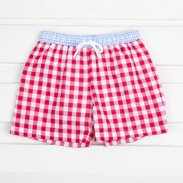 Red and Blue Gingham Swim Trunks