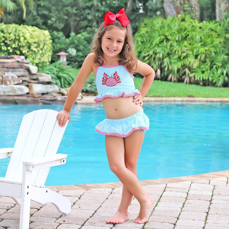 Two Piece Crab Ruffle Swimsuit Turquoise Gingham