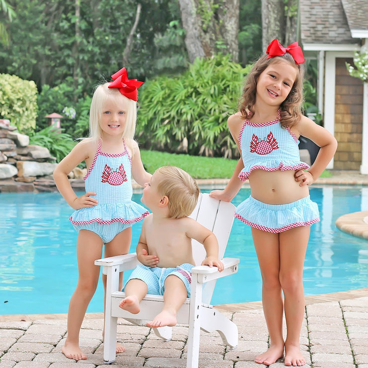 Two Piece Crab Ruffle Swimsuit Turquoise Gingham