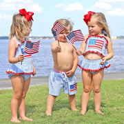 Two Piece Flag Ruffle Swimsuit Blue Gingham