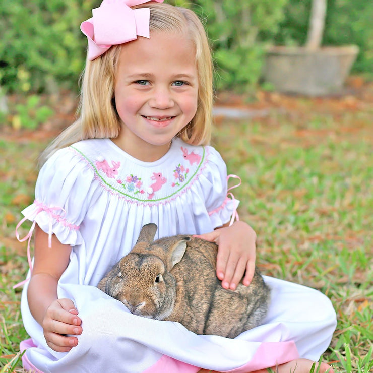 Pink Bunny Smocked Bishop White Pique