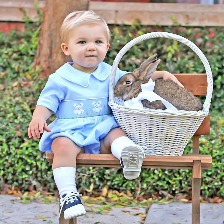 Bunny and Eggs Smocked Boy Bubble Light Blue
