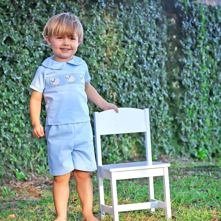 Lamb Smocked Boy Short Set Light Blue Pique