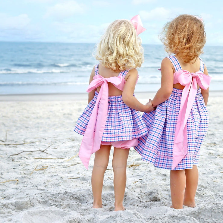 Whale Smocked Bow Back Dress Pink and Blue Plaid Seersucker