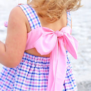 Whale Smocked Bow Back Dress Pink and Blue Plaid Seersucker
