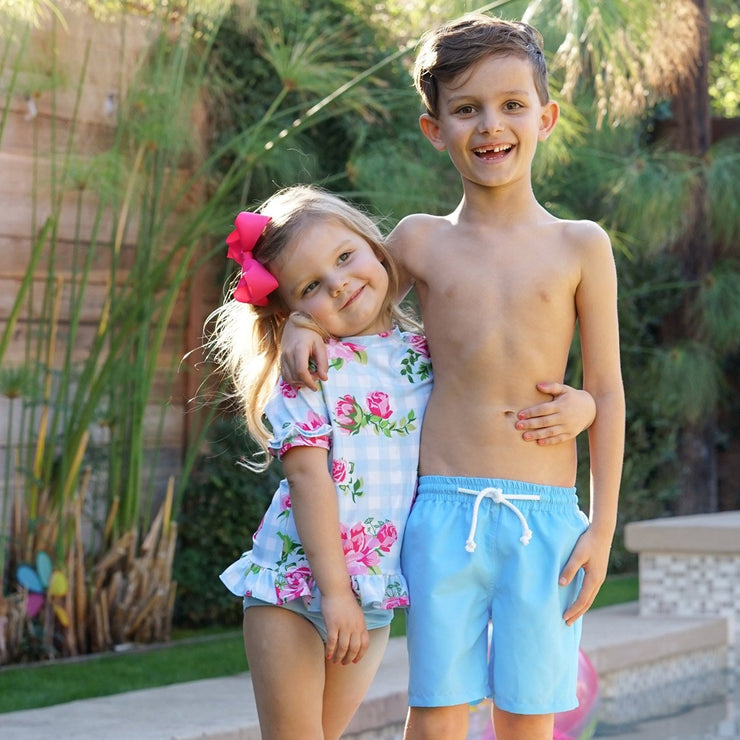 Light Blue Floral Short Sleeve Rash Guard Set Check
