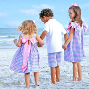 Whale Smocked Bow Back Dress Pink and Blue Plaid Seersucker
